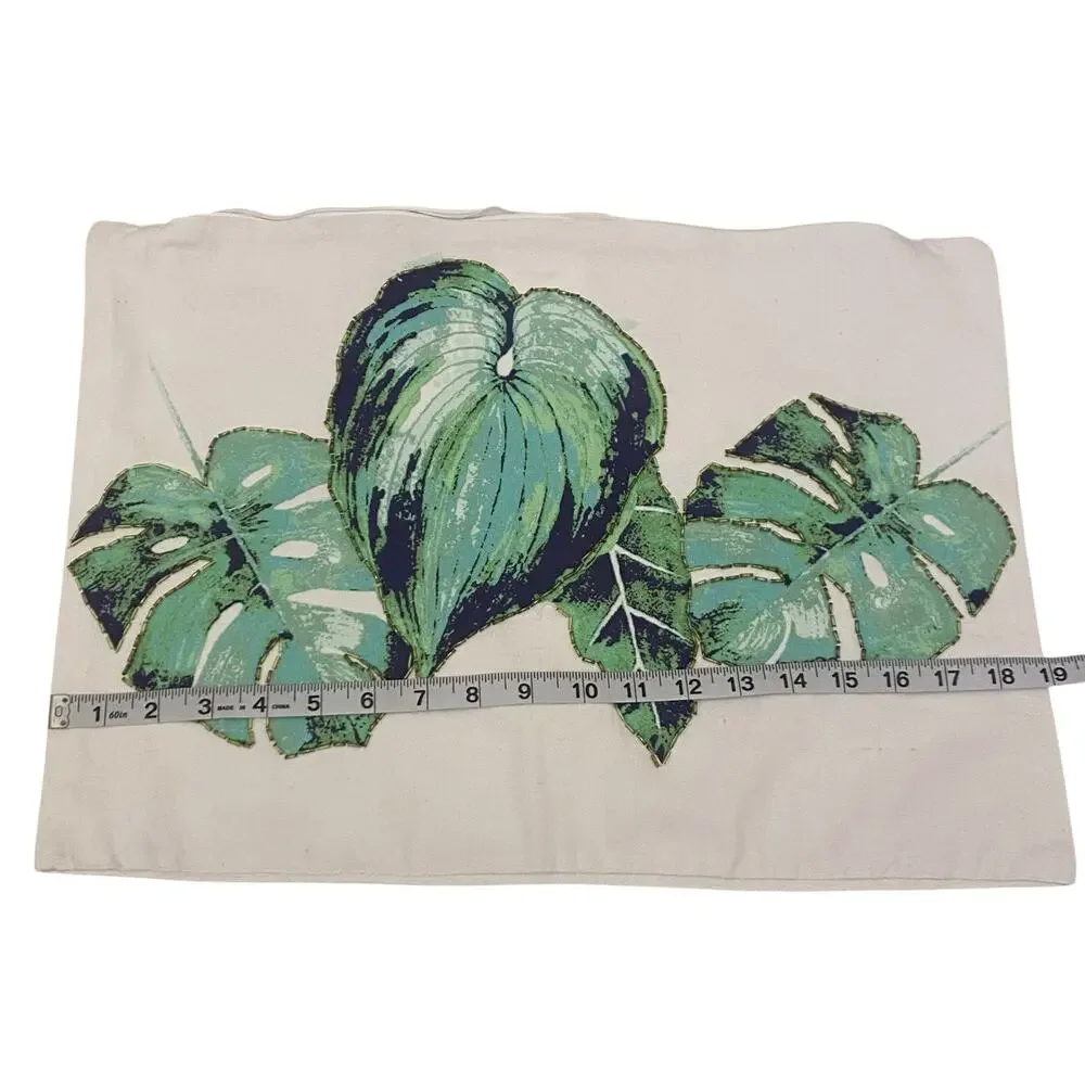 Set of TWO Tropical Monstera Leaf Beaded Throw Pillow Covers 19x13 with Zipper